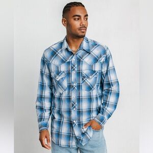 Vintage Wrangler Cowboy Rodeo Blue Plaid Western Pearl Snap Shirt Men’s
